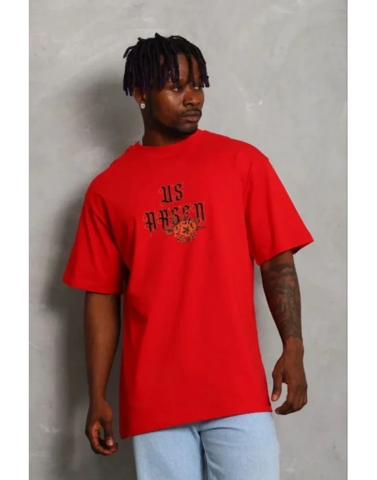 Erkek Baskılı Thirt Kısa Kol Bisiklet Yaka Regular Fit Rahat Kalıp Günlük Tişört  Kırmızı