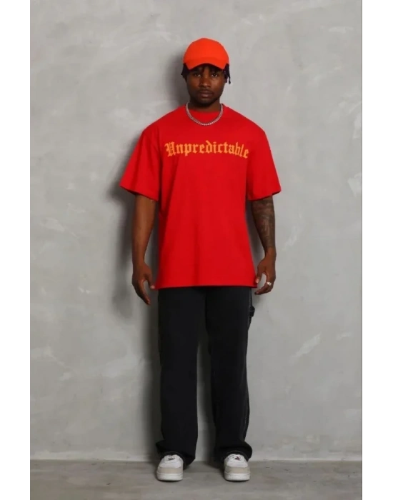 Erkek Baskılı Thirt Kısa Kol Bisiklet Yaka Regular Fit Rahat Kalıp Günlük Tişört  Kırmızı