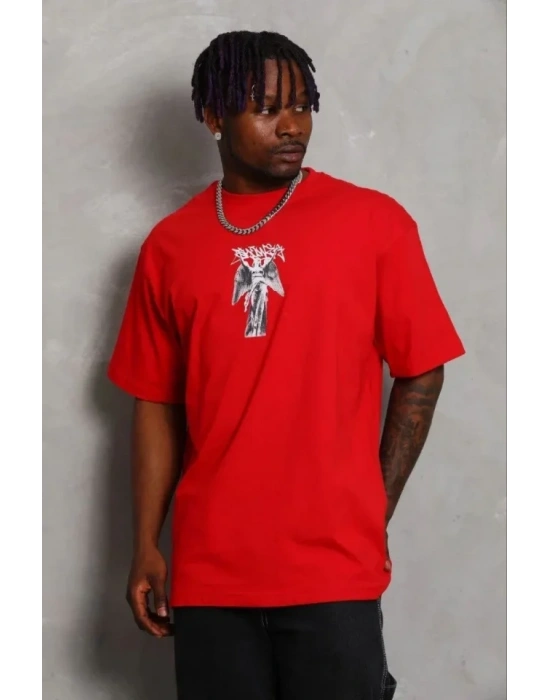 Erkek Baskılı Thirt Kısa Kol Bisiklet Yaka Regular Fit Rahat Kalıp Günlük Tişört  Kırmızı