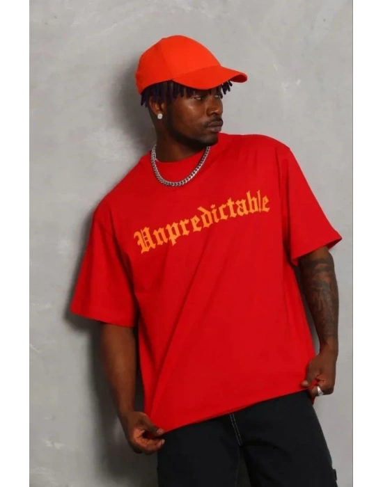 Erkek Baskılı Thirt Kısa Kol Bisiklet Yaka Regular Fit Rahat Kalıp Günlük Tişört  Kırmızı