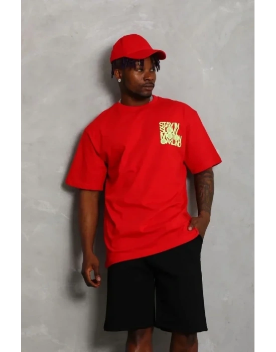 Erkek Baskılı Thirt Kısa Kol Bisiklet Yaka Regular Fit Rahat Kalıp Günlük Tişört  Kırmızı