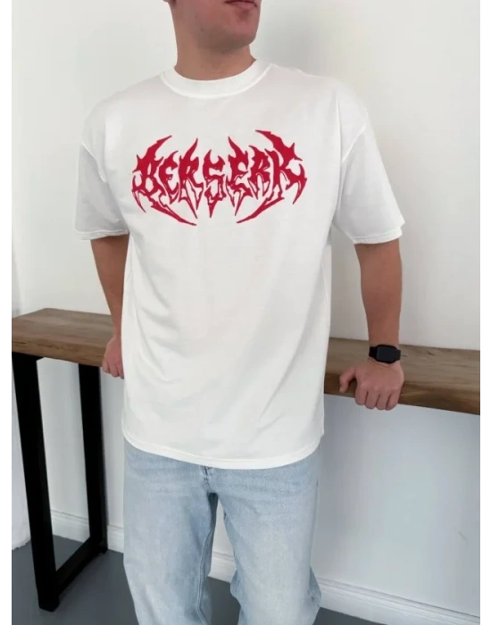 Erkek Baskılı Thirt Yazlık Kısa Kol Bisiklet Yaka Rahat Kalıp Tişört  Beyaz