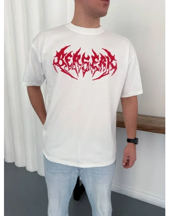 Erkek Baskılı Thirt Yazlık Kısa Kol Bisiklet Yaka Rahat Kalıp Tişört  Beyaz