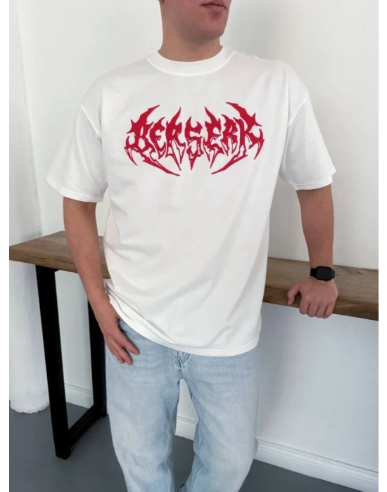 Erkek Baskılı Thirt Yazlık Kısa Kol Bisiklet Yaka Rahat Kalıp Tişört  Beyaz