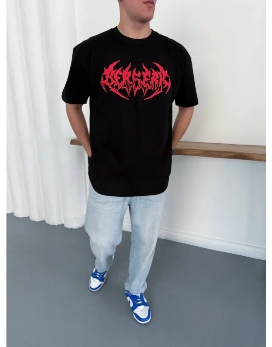 Erkek Baskılı Thirt Yazlık Kısa Kol Bisiklet Yaka Rahat Kalıp Tişört  iyah