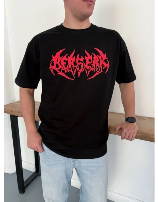 Erkek Baskılı Thirt Yazlık Kısa Kol Bisiklet Yaka Rahat Kalıp Tişört  iyah