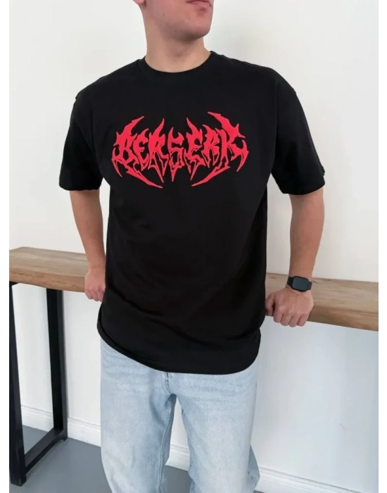 Erkek Baskılı Thirt Yazlık Kısa Kol Bisiklet Yaka Rahat Kalıp Tişört  iyah