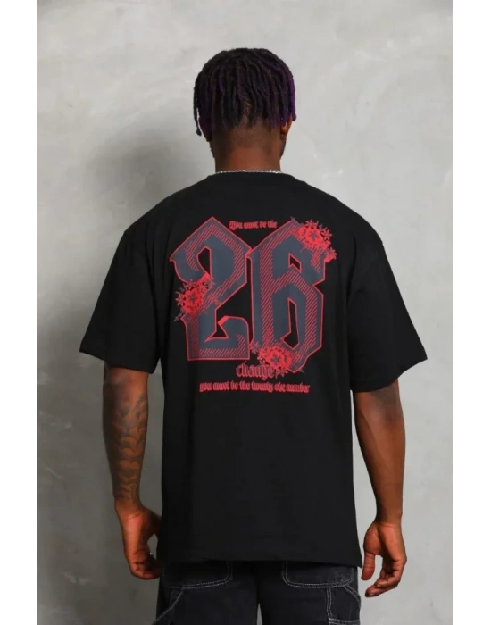 Erkek Baskılı Tişort Kısa Kol Bisiklet Yaka Ovarsize Thirt  iyah