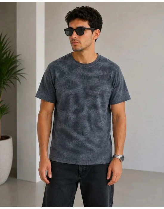 Erkek Batik Desenli Tişört Bisiklet Yaka Kısa Kol Regular Fit Tshirt  Füme