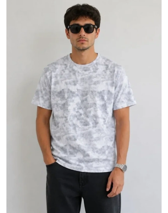 Erkek Batik Desenli Tişört Bisiklet Yaka Kısa Kol Regular Fit Tshirt  Gri