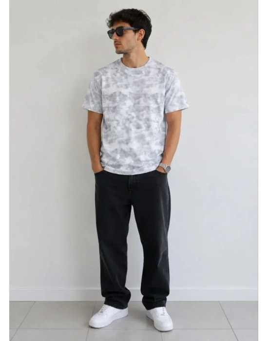 Erkek Batik Desenli Tişört Bisiklet Yaka Kısa Kol Regular Fit Tshirt  Gri