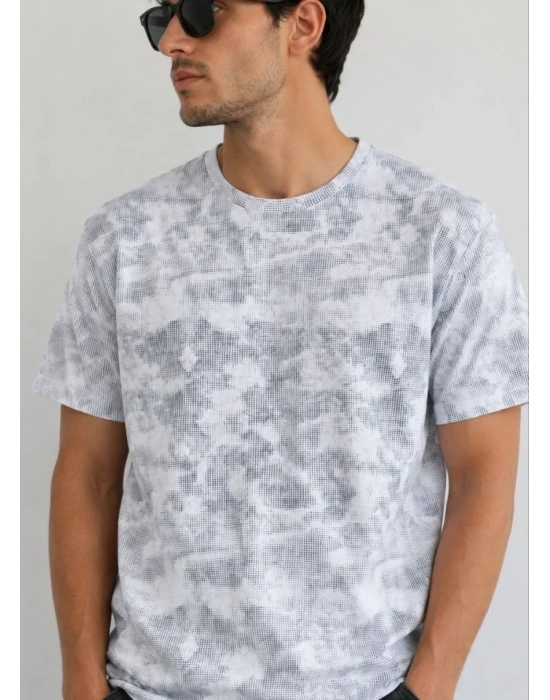 Erkek Batik Desenli Tişört Bisiklet Yaka Kısa Kol Regular Fit Tshirt  Gri