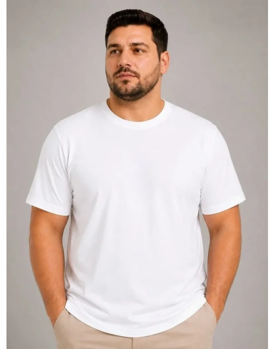 Erkek Battal Big Size Basic Tişört Bisiklet Yaka Rahat Kalıp TShirt  Beyaz
