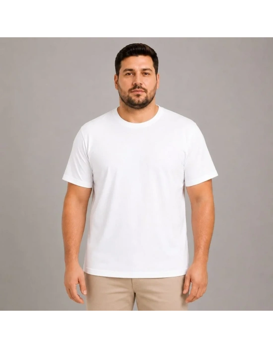 Erkek Battal Big Size Basic Tişört Bisiklet Yaka Rahat Kalıp TShirt  Beyaz