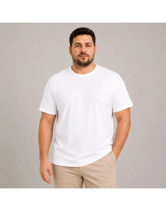 Erkek Battal Big Size Basic Tişört Bisiklet Yaka Rahat Kalıp TShirt  Beyaz