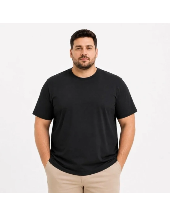Erkek Battal Big Size Basic Tişört Bisiklet Yaka Rahat Kalıp TShirt  Siyah