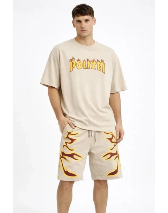 Erkek Bej Oversize Baskılı Tişört Şort Takım Cepli Şort Yazlık Rahat Günlük Kombin  Bej