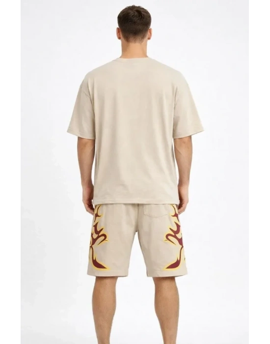 Erkek Bej Oversize Baskılı Tişört Şort Takım Cepli Şort Yazlık Rahat Günlük Kombin  Bej