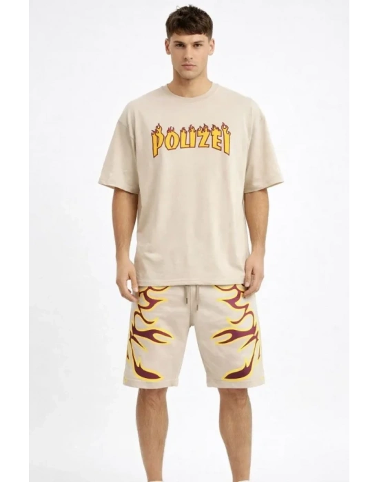 Erkek Bej Oversize Baskılı Tişört Şort Takım Cepli Şort Yazlık Rahat Günlük Kombin  Bej