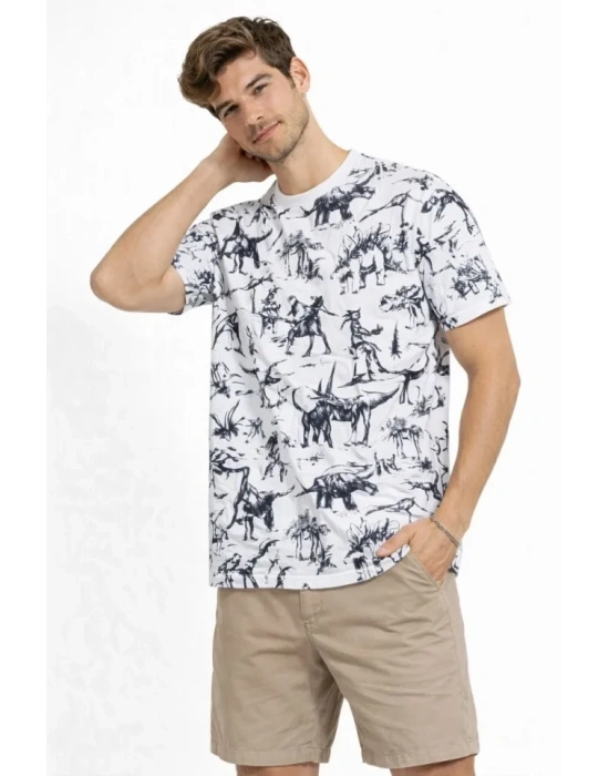 Erkek Beyaz Dinozor Desenli Tişört – Regular Fit, Bisiklet Yaka, Dijital Baskılı Pamuklu Thirt  Beyaz