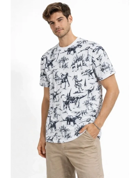Erkek Beyaz Dinozor Desenli Tişört – Regular Fit, Bisiklet Yaka, Dijital Baskılı Pamuklu Thirt  Beyaz