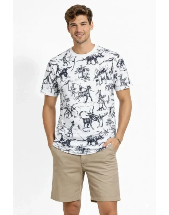 Erkek Beyaz Dinozor Desenli Tişört – Regular Fit, Bisiklet Yaka, Dijital Baskılı Pamuklu Thirt  Beyaz