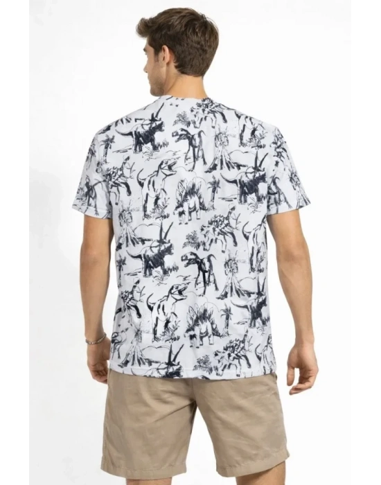 Erkek Beyaz Dinozor Desenli Tişört – Regular Fit, Bisiklet Yaka, Dijital Baskılı Pamuklu Thirt  Beyaz