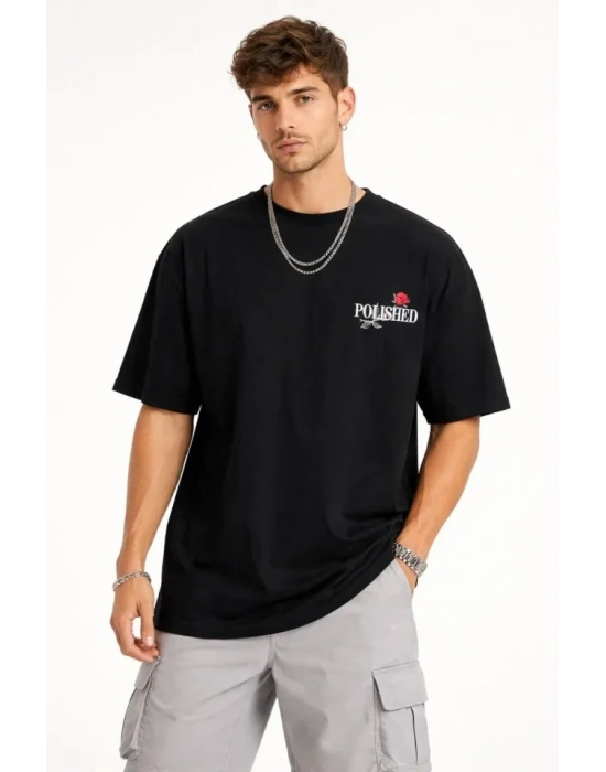 Erkek Bisiklet Yaka Baskılı  Kısa Kollu Tişört treetwear Günlük Basic Pamuklu Tshirt  iyah