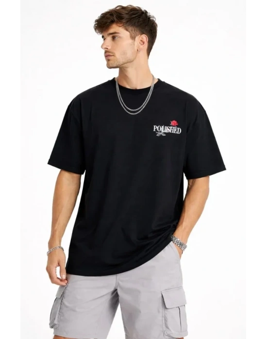 Erkek Bisiklet Yaka Baskılı  Kısa Kollu Tişört treetwear Günlük Basic Pamuklu Tshirt  iyah