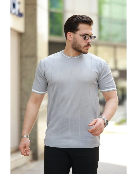 Erkek Bisiklet Yaka çizgi Desenli Ribanalı Kısa Kollu Tshirt