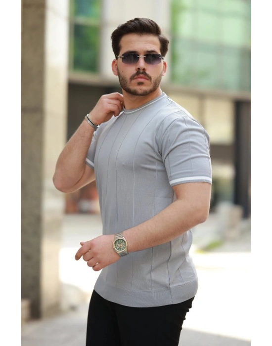 Erkek Bisiklet Yaka çizgi Desenli Ribanalı Kısa Kollu Tshirt