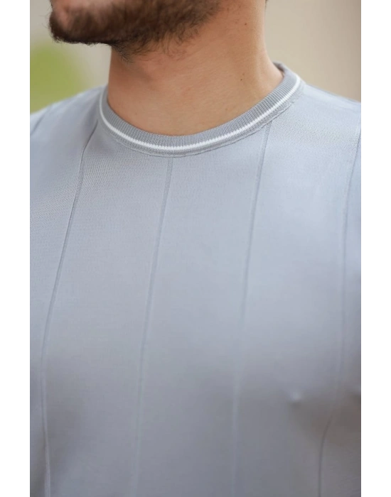 Erkek Bisiklet Yaka çizgi Desenli Ribanalı Kısa Kollu Tshirt