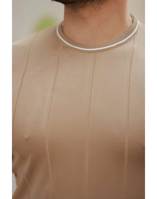 Erkek Bisiklet Yaka çizgi Desenli Ribanalı Kısa Kollu Tshirt