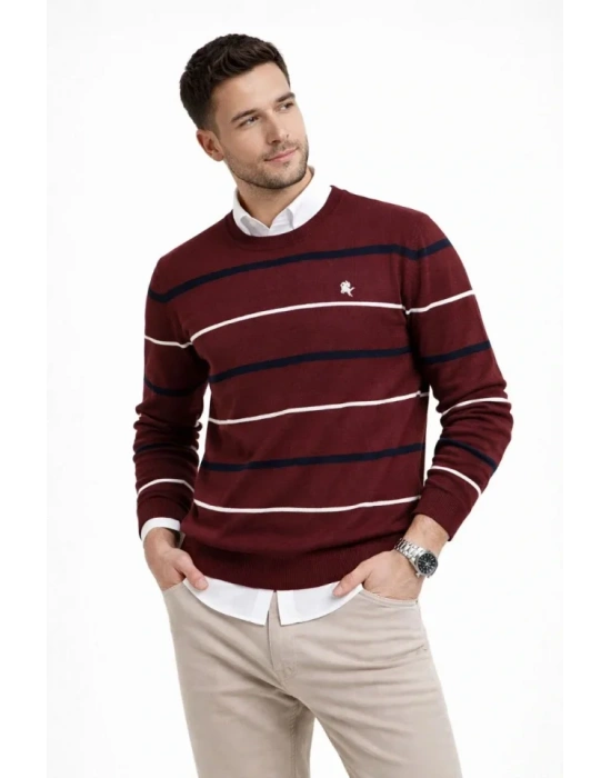 Erkek Bisiklet Yaka Cizgili Triko Kazak Yumuşak Dokulu Pamuklu Ince Dokuma, Uzun Kollu Rahat Regular Kalıp  Bordo