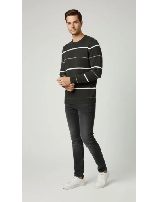 Erkek Bisiklet Yaka Cizgili Triko Kazak Yumuşak Dokulu Pamuklu Ince Dokuma, Uzun Kollu Rahat Regular Kalıp  Füme