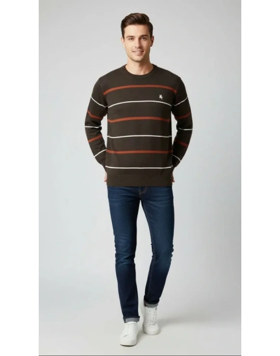 Erkek Bisiklet Yaka Cizgili Triko Kazak Yumuşak Dokulu Pamuklu Ince Dokuma, Uzun Kollu Rahat Regular Kalıp  Koyu Kahverengi