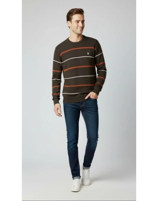 Erkek Bisiklet Yaka Cizgili Triko Kazak Yumuşak Dokulu Pamuklu Ince Dokuma, Uzun Kollu Rahat Regular Kalıp  Koyu Kahverengi