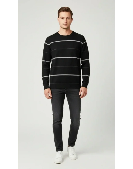 Erkek Bisiklet Yaka Cizgili Triko Kazak Yumuşak Dokulu Pamuklu Ince Dokuma, Uzun Kollu Rahat Regular Kalıp  Siyah