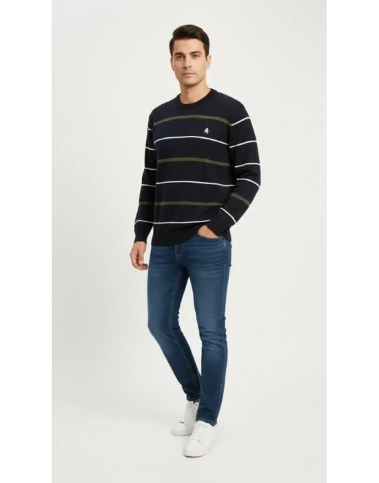 Erkek Bisiklet Yaka Cizgili Triko Kazak Yumuşak Dokulu Pamuklu Ince Dokuma, Uzun Kollu Rahat Regular Kalıp  acivert