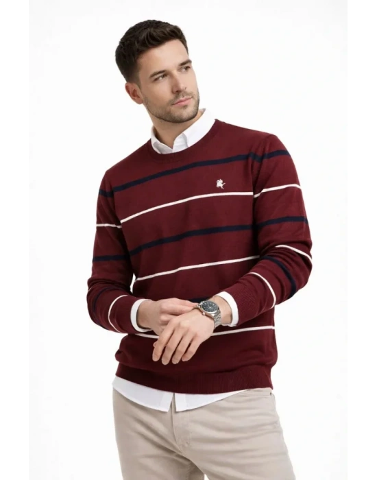 Erkek Bisiklet Yaka Cizgili Triko Kazak Yumuşak Dokulu Pamuklu Ince Dokuma, Uzun Kollu Rahat Regular Kalıp  Bordo