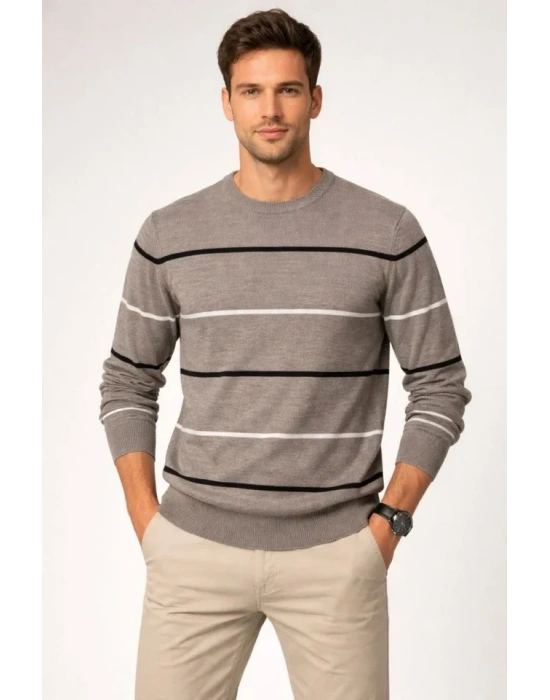 Erkek Bisiklet Yaka Cizgili Triko Kazak Yumuşak Dokulu Pamuklu Ince Dokuma, Uzun Kollu Rahat Regular Kalıp  Gri