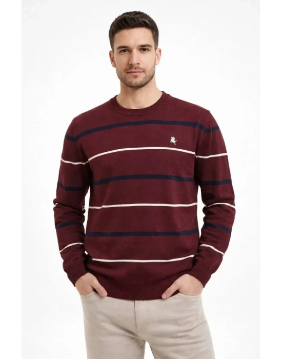 Erkek Bisiklet Yaka Cizgili Triko Kazak Yumuşak Dokulu Pamuklu Ince Dokuma, Uzun Kollu Rahat Regular Kalıp  Bordo