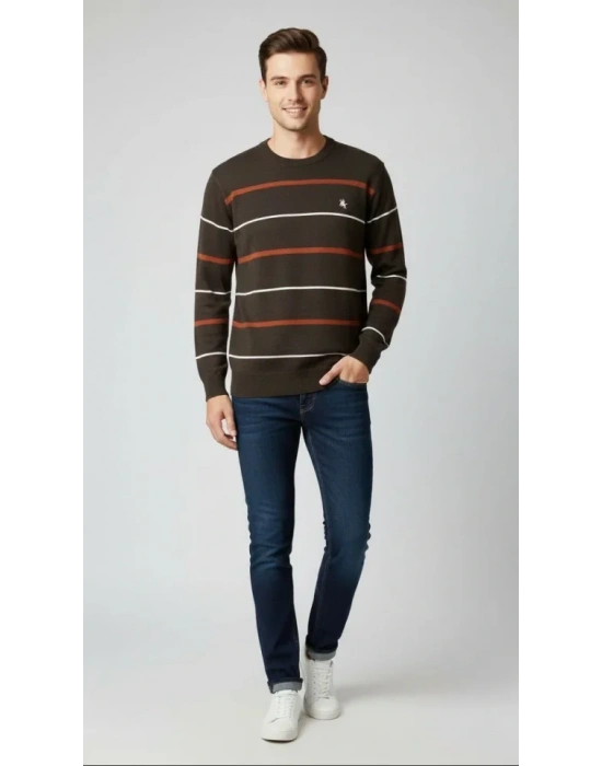 Erkek Bisiklet Yaka Cizgili Triko Kazak Yumuşak Dokulu Pamuklu Ince Dokuma, Uzun Kollu Rahat Regular Kalıp  Koyu Kahverengi