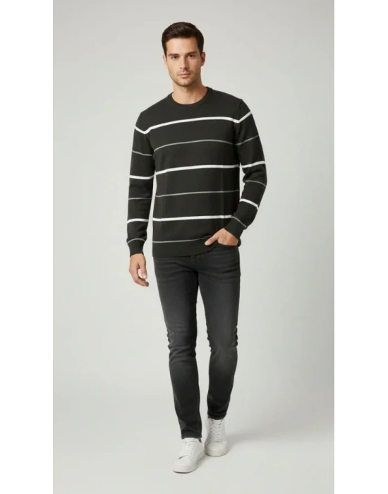 Erkek Bisiklet Yaka Cizgili Triko Kazak Yumuşak Dokulu Pamuklu Ince Dokuma, Uzun Kollu Rahat Regular Kalıp  Füme