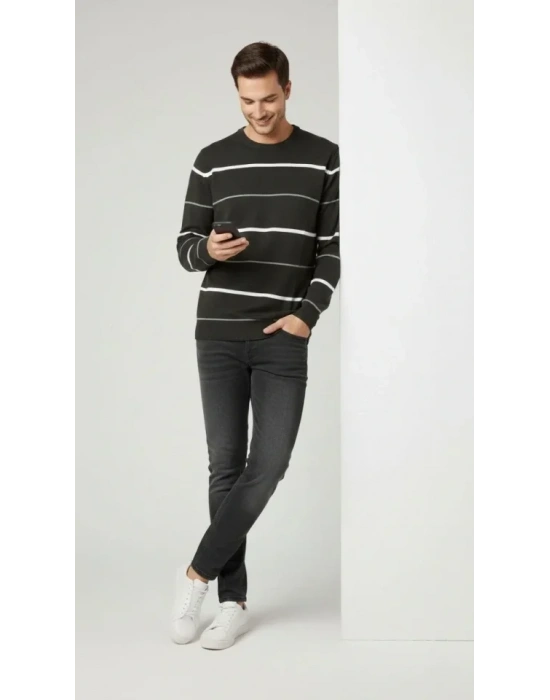 Erkek Bisiklet Yaka Cizgili Triko Kazak Yumuşak Dokulu Pamuklu Ince Dokuma, Uzun Kollu Rahat Regular Kalıp  Füme