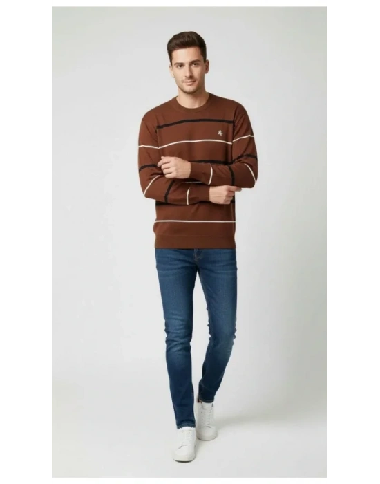 Erkek Bisiklet Yaka Cizgili Triko Kazak Yumuşak Dokulu Pamuklu Ince Dokuma, Uzun Kollu Rahat Regular Kalıp  Kahverengi