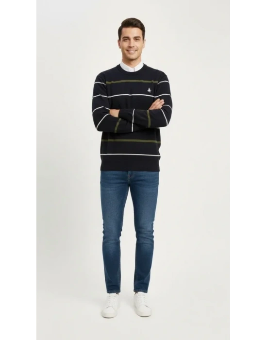 Erkek Bisiklet Yaka Cizgili Triko Kazak Yumuşak Dokulu Pamuklu Ince Dokuma, Uzun Kollu Rahat Regular Kalıp  acivert