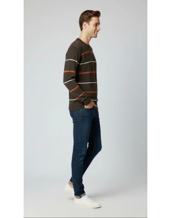 Erkek Bisiklet Yaka Cizgili Triko Kazak Yumuşak Dokulu Pamuklu Ince Dokuma, Uzun Kollu Rahat Regular Kalıp  Koyu Kahverengi