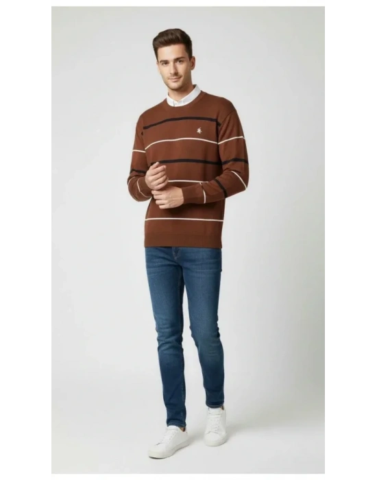 Erkek Bisiklet Yaka Cizgili Triko Kazak Yumuşak Dokulu Pamuklu Ince Dokuma, Uzun Kollu Rahat Regular Kalıp  Kahverengi