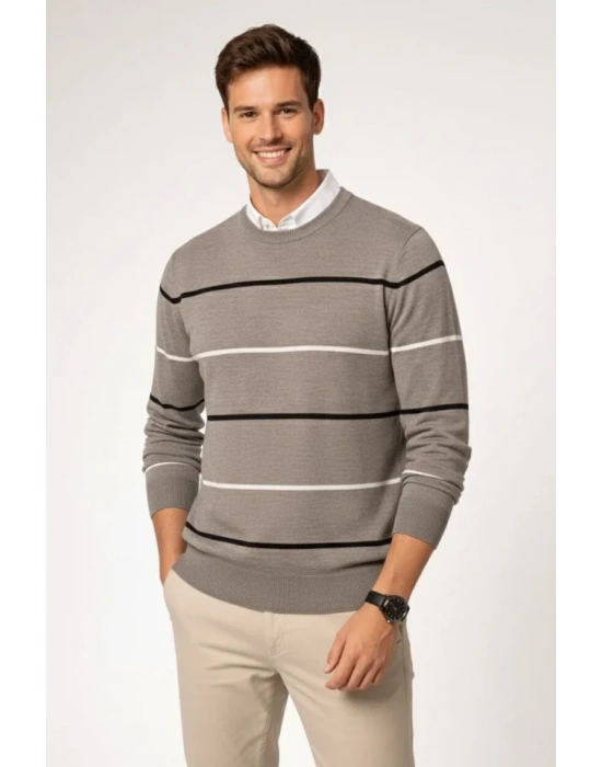 Erkek Bisiklet Yaka Cizgili Triko Kazak Yumuşak Dokulu Pamuklu Ince Dokuma, Uzun Kollu Rahat Regular Kalıp  Gri